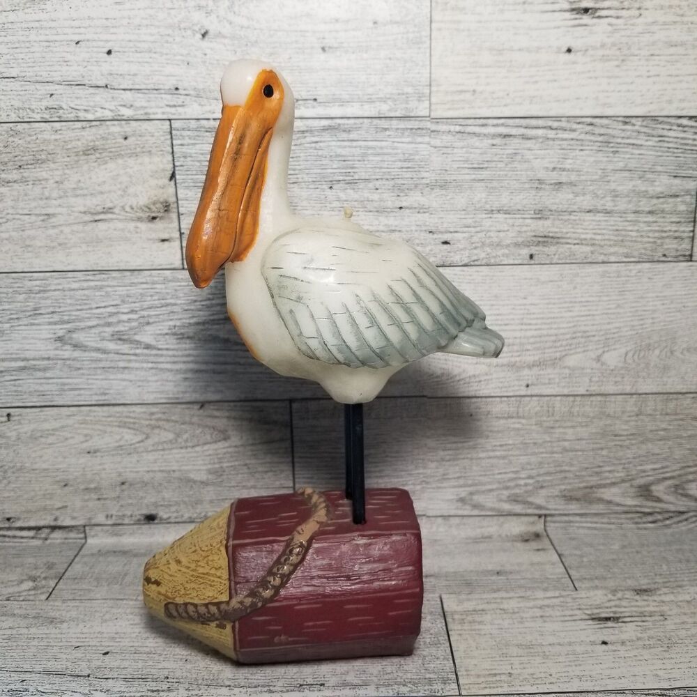 Vintage Russ Berrie Figural Wax Candle PELICAN BIRD on LOG Rustic Coastal Decor